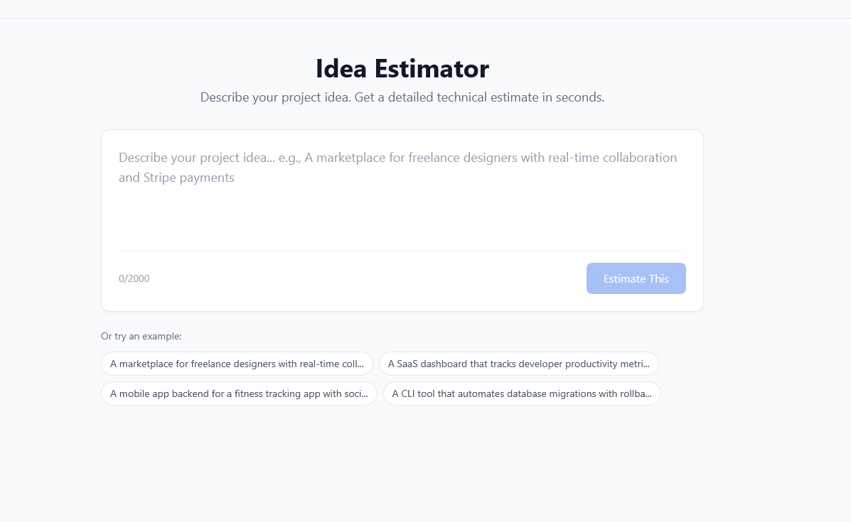 Estimate card showing tech stack and complexity breakdown
